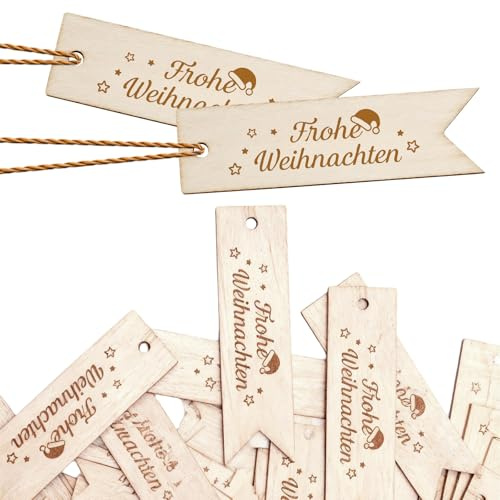 30 Stücke Geschenkanhänger Weihnachten, Holzsterne zum Basteln, Holz Geschenkanhänger mit 5m Hanfseil, Frohe Weihnachten Holzanhänger, Weihnachtsdeko Holz, Etiketten Holzdeko Streudeko für Weihnachten