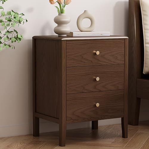 Mesita De Noche Minimalista con Patas De Madera Maciza | Mesita De Noche De 3 Cajones con Estante Abierto | Mesa Auxiliar Que Ahorra Espacio For Dormitorio O Sala(Walnut,45 * 40 * 50CM)