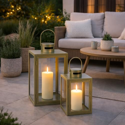 Mojawo Lot de 2 lanternes de jardin XXL - Lanternes en métal - Décoration extérieure - En métal - Vert olive - Env. H 34/47 cm