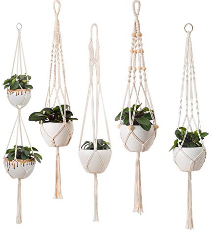 CMANLNYK 5pcs Macrame Plant Hanger - Indoor Plant Hangers, Hanging Planter Holder Basket, Flower Pot Holder Rope With Beads Tassels, Wall Hanging Plants, Office, Home Decoration