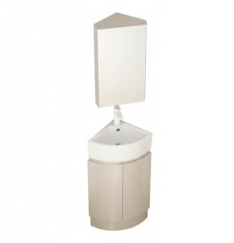 YOWLLXOF Dreieckig Eckwaschbecken Bodenstehend,mit Unterschrank,Spiegelschrank und Stauraum,Multifunktional Praktisch,für Gäste-WC und Badezimmer(Khaki,13 * 15.7in)