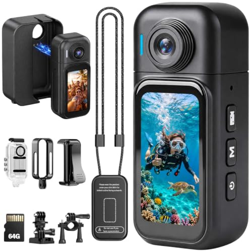 TOSBARRFT 1080P 64G Body Mounted Camera for Sports with 64GB Memory Card, 1080P Action Camera with Clip and Pendant, CCD Sensor, Self Timer, H91