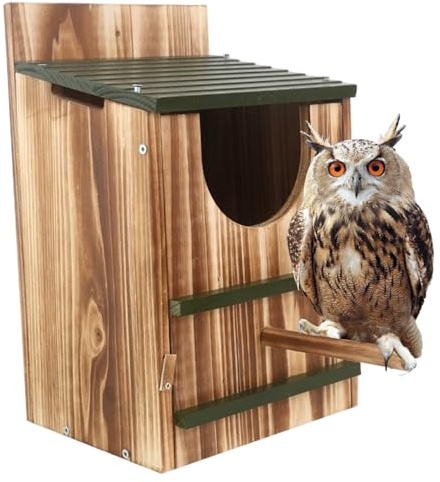 Bemonew Eulenhaus, hölzerne Vogelhäuser für draußen, Eulen-Nistkasten mit Standstange, einfache Montage erforderlich