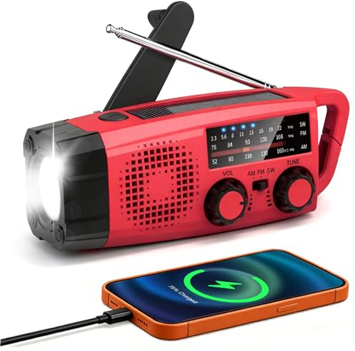 Radio Portable Chargeur Solaire, GEMMAC AM/FM/SW Radio Dynamo Chargeur de Téléphone avec 2000mAh Power Bank/SOS Alarm/Lampe Poch/Manivelle, Kit de Survie pour Chantier, Camping, Urgence(Rouge)