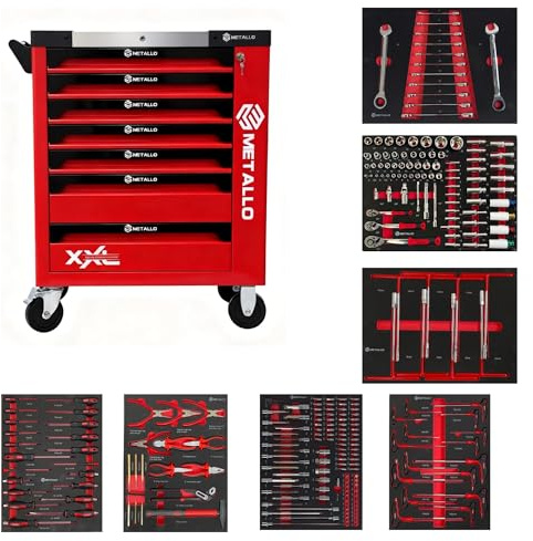 toolcar Metallo XXL verkstadsvagn med verktyg, röd, 7 lådor, inklusive skiftnyckel, hylsnyckel, skruvmejsel och tång