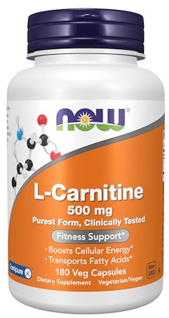 NOW Foods Supplements, L-Carnitine 500mg, Purest Form, Amino Acid, Fitness Support*, 180 Veg Capsules