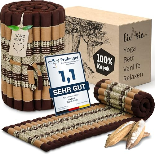 livasia Rollmatte Rollmatratze L-200x110x4,5cm, Gästebett Gästematratze 1 Person, Reisebett Kofferraum Outdoor, Thaimatte Kapok, Garten Balkon handgefertigt rubinrot