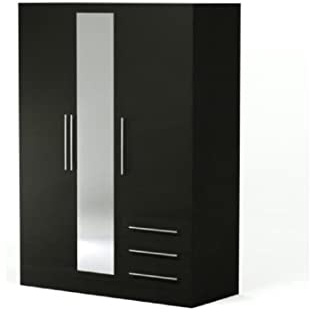 Forte Jupiter Kleiderschrank 145 150, moderner Drehtürenschrank, 3-türig, 2 Schubladen, Schlafzimmer, Holzwerkstoff, Schwarz, 144,6 cm breit x 200 cm hoch x 60 cm tief