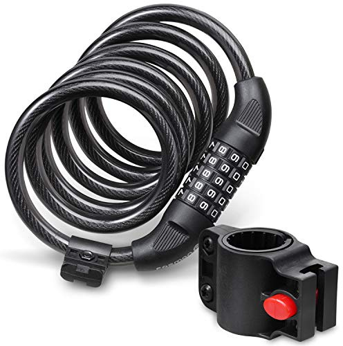 Fosmon Bike Lock Cable (6 Feet), Heavy Duty 5-Digit Self Coiling Resettable Combination Code, Bicycle Chain Flexible Steel Security Cable Lock with Bike Mount Holder - Black