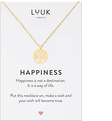 LUUK LIFESTYLE Collares de acero inoxidable con arbol de la vida mujer y tarjeta HAPPINESS (50cm ca.), amuletos de la suerte, amistad, regalos, joyas de mujer, niñas, Dorado
