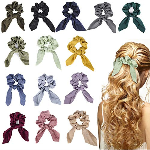 Dadabig 14 Stücke Haargummis mit Schleife, Satin Seide Bowknot Haargummis Pferdeschwanz Halter Schönes Elastisches Bogen Haarband aus Samt Seidenschal Kaninchenohren Form 2 in 1 Design für Frauen