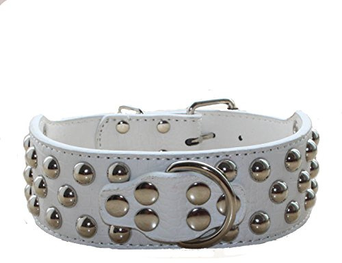 haoyueer Leder-Hundehalsband, 5,1 cm breit, 3-reihig, mit Nieten, für mittelgroße und große Hunde, Pitbull, Mastiff, Boxer, Bully ... L, Weiß