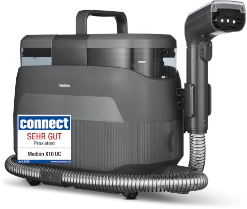 MEDION X10 UC Polsterreiniger Gerät Waschsauger (Nasssauger für Polster Teppiche Autositze, 1.650 Watt, Kaltwasser Heißwasser Dampf, Frisch und Schmutzwassertank, Fenster-Aufsatz, MD100123)