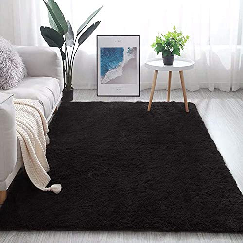 warmsile Teppich Wohnzimmer Teppich, Moderne, Flauschige Und Zottelige Teppiche Für Wohnzimmer, Esszimmer, Kinderzimmer, Schlafzimmer,Schwarz,90 x 150 cm