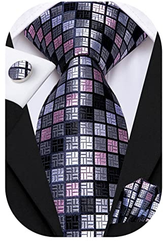 Hi-Tie herr slips set silke slips vävda paisleyband med ficknäsduk manschettknappar set för bröllopsfest, grå och rosa, Length: 59 inches (150cm); Width: 3.35 inches (8.5 cm)