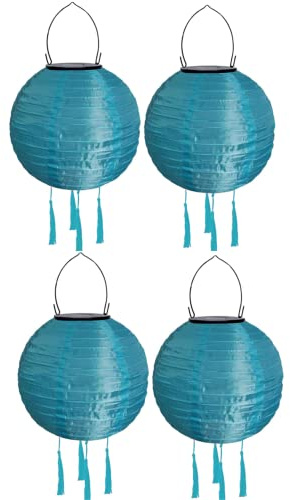 Lampions Außen Wetterfest Solar, LED Solarlaterne Außenlaternen Wasserdicht Solar Lampion mit Quaste Solarlampen Hängende Gartenlaterne Papierlampen Outdoor Ballform Papierlaterne, 20cm (4pcs-Blau)