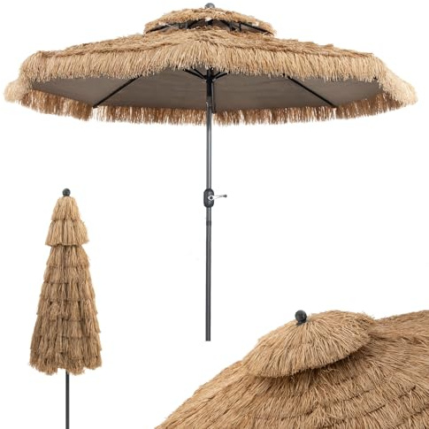 COSTWAY Sonnenschirm Hawaii 300 cm, Gartenschirm mit Kurbel, Strohschirm | Stroh Strandschirm, beidseitig um 30° knickbar, Marktschirm, Terrassenschirm für Garten, Balkon, Terrasse