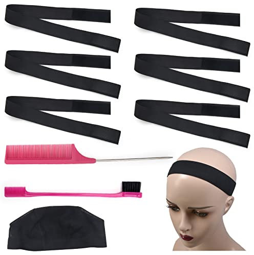 Windspeed 6 Pack Elastic Band for Wigs Edges with 2 Pack Hair Edge Brush, Adjustable Wig Elastic Band with Hook and Loop Strap Black Elastic Bands for Wigs Elastic Band