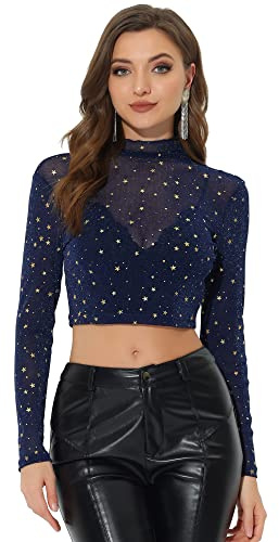 Allegra K Top Corto de Fiesta con Cuello Alto Transparente de Malla de Estrellas para Mujer Azul Oscuro M