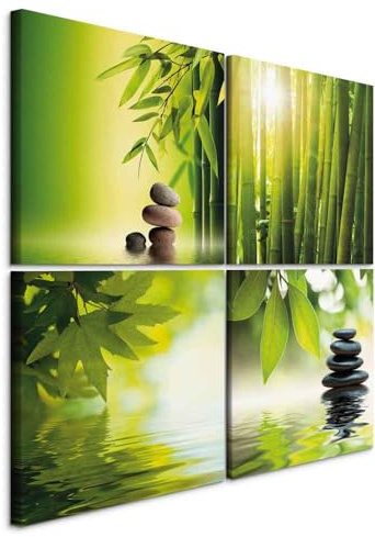 B&D XXL - Leinwandbild Set Natur Wasser Bambus Steine, 80x80 cm, 4-teilig | Hochwertige Leinwand, sofort aufhängbar, ideal fürs Wohn- oder Schlafzimmer, wasserfest und lichtecht, langlebig, stilvoll