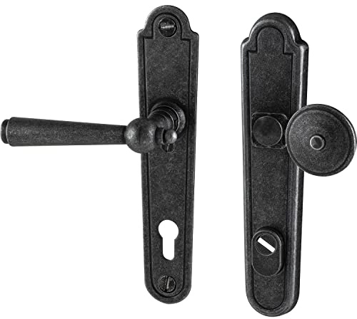 HALCÖ Kaltenbach Wechselgarnitur - Türdrücker und Türknauf auf Türschild PZ 92 antik links - mit Kernziehschutz, Eisen verzinkt schwarz passiviert