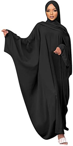 Muslimisches Kleid f?r Frauen Hijab Abaya Fledermaus?rmel Islamisches Maxi Gebetskleid Einfarbig Lose Jilbab in ?bergr??e Naher Osten Dubai T?rkei Arabisch Khimar Kaftans Schwarz+Hijab One Size