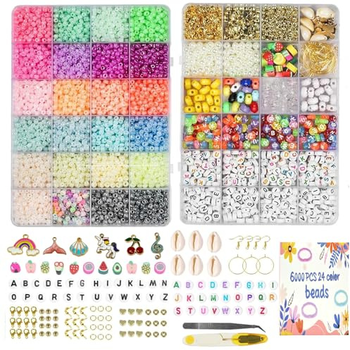 FEMBW Perlen für Armbänder Selber Machen 3mm Perlen Set, 6000+ Stück 24 Farbe Glasperlen mit Buchstaben Perlen und Anhänger zum Auffädeln, DIY Schmuck für Erwachsene & Kinder, Weihnachten Geschenk