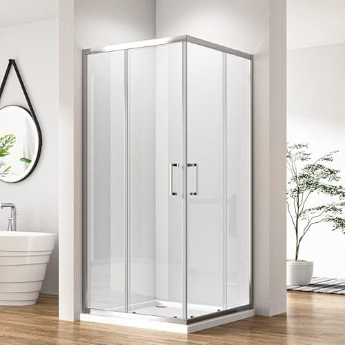 Eckeinstieg Duschkabine mit Schiebetür 75x90x185cm, Duschabtrennung Duschtür Duschwand mit 5mm ESG Sicherheitsglas, Dusche Doppel Schiebetüren Glas Duschschiebetür, Silber Komplettdusche Höhe 185cm