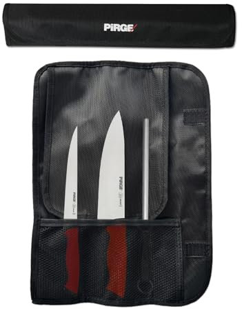 Pirge Duo set coltelli da cucina professionali con borsa 4 Pezzi - Coltello da chef 21 cm - coltello da formaggio 17 cm - Coltello per sfilettare - Coltello per disossare - Affilatura Acciaio