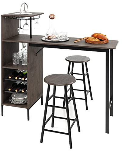 RELAX4LIFE Juego de Mesa Comedor de 3 Piezas, Mesa de Comedor con 2 Taburetes de Bar, 3 Estantes, Soportes para Copas y Portabotellas de 2 Niveles, Mesa Alta Cocina de MDF, 120x40x121,5cm (Marrón)