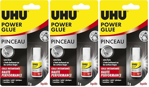 UHU Power Glue - Glue Extra-Forte avec Pinceau - Pour Tous Types de Supports - S'Etale Facilement Sur de Larges Surfaces - Résistante à L'eau - Transparente - Flacon avec Pinceau Applicateur 5 g