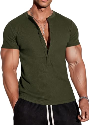Muscle Cmdr Henley våffelskjortor för män, långärmad smal passform, termounderkläder, 5 knappar, Z-grön, XL