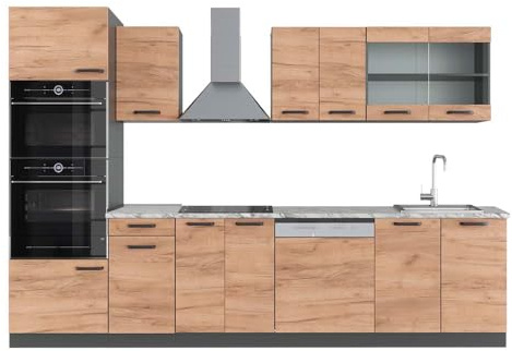 Vicco Mueble de Cocina R-Line, Roble Dorado, 300 cm | 8 Módulos · Patas regulables en altura · Encimera incl. · Frentes robustos · Con armario para horno/microondas