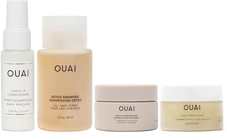 OUAI Travel Kit - Includes Travel Size Leave In Conditioner, Detox Shampoo, Fine to Medium Hair Mask, Scalp & Body Scrub (4 Count)