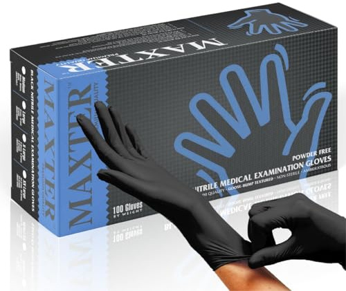 MAXTER Puderfreie Nitrilhandschuhe, 100 Stück, Größe M, Schwarz/Box mit 100 Handschuhen
