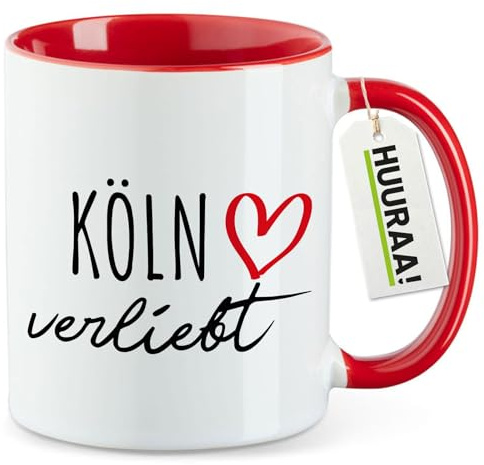 Huuraa Kaffeetasse Köln verliebt Geschenk | Motivtasse 330ml Rot Keramik Tasse mit Spruch Kaffeebecher Geschenkidee Becher mit Motiv