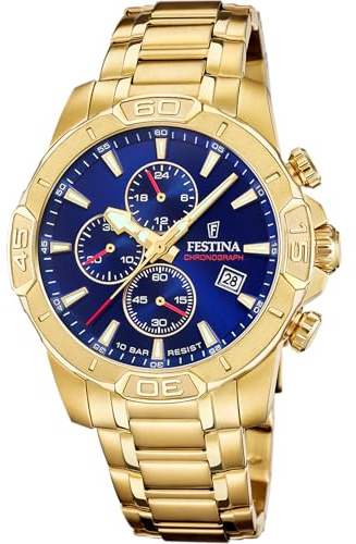 Festina Herrenuhr Analog aus Edelstahl 316l Goldfarben F20705/3 | Quarzwerk, Chronograph, Kalender, Robustes Mineralglas