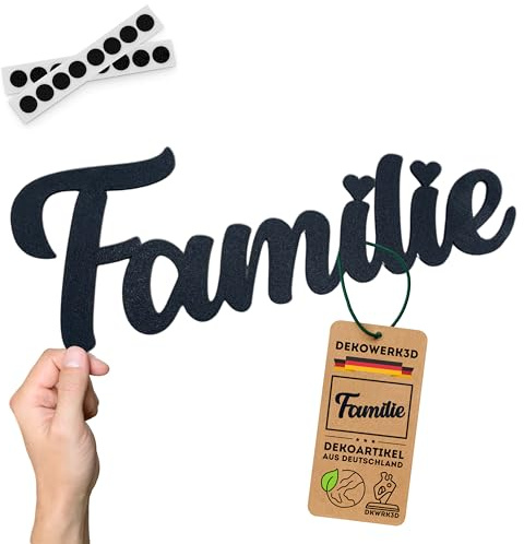 DKWRK3D Familie Schild klebend - Kunststoff Family Schriftzug & Wandaufkleber Schwarz - 3D Familienschild Deko Wand - Wanddeko zum kleben - Wandtattoo - Flur Bild Wandsticker - Wandschild (L)