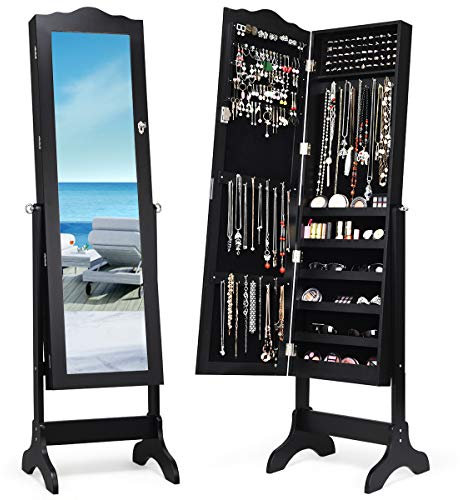 RELAX4LIFE Armoire à Bijoux sur Pieds avec Miroir Pleine Longueur HD, Armoire à Bijoux 4 Angles Réglables, 5 Étagères pour Tout Bijou, Verrouillage à Clé, pour Chambre Vestiaire Dressing (Noir)
