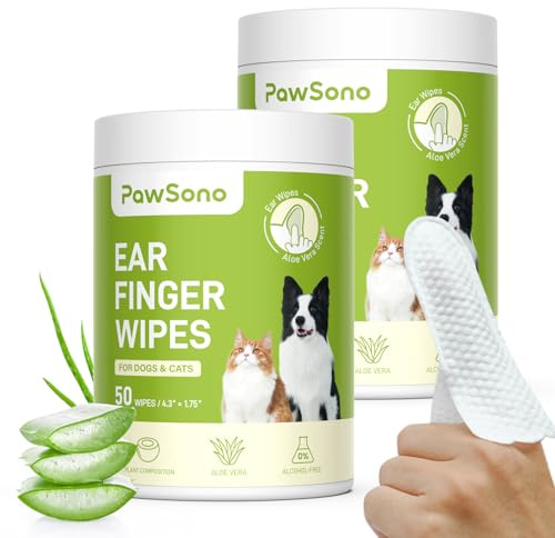 PawSono Dog Ear Wipes - 100 Count Dog Ear Cleaner Finger Wipes for Dogs & Cats, Pre-Moistened Ear Cleaning Wipes for Puppies, Kittens & Small Animals, Thick Pet Ear Wipes to Remove Wax, Dirt & Debris