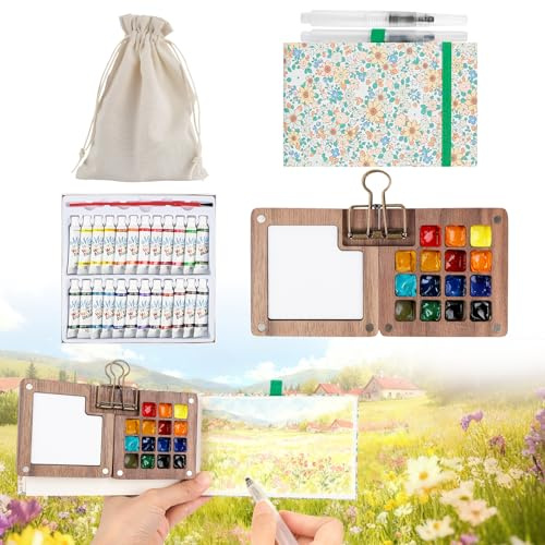 7 PCS Pocket Artist Watercolour Travel Set - 15 Grids Travel Watercolour Paint Set Portable, Mini Watercolour Paint Set Travel, Painting Set with Foldable Wooden Palette, Sketchbook, Brush (Green)