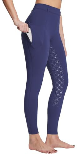 baleaf Leggings de equitación para mujer, con forro polar, de silicona, con bolsillos, azul marino, M
