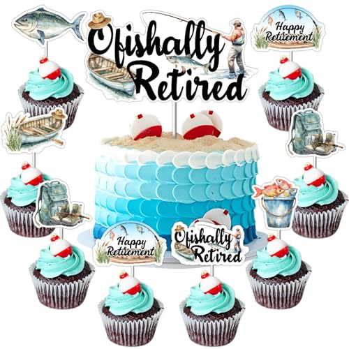 Funmemoir 25PCS Fishing Retirement Cake & Cupcake Toppers - 'Ofishally Retired' & Fishing Theme, Colorful