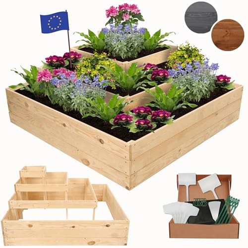 MODO24 Hochbeet, Kräuterbeet, Gartenbeet, Pflanzbeet, Blumenbeet, Stufenbeet, Holz Stufen Treppe, für Garten und Terrasse, Kiefernholz, Massivholz, Abmessungen 54x119x119 cm, Farbe: Natur imprägniert