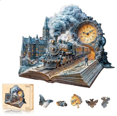 Holzpuzzles für Erwachsene, 205 Stück Chrono-Zug-Holzpuzzle, einzigartige Tierform-Puzzles mit Holzbox, 34 x 29,7 cm, Holzpuzzle für Familienspiel und Geburtstagsgeschenke für Freund