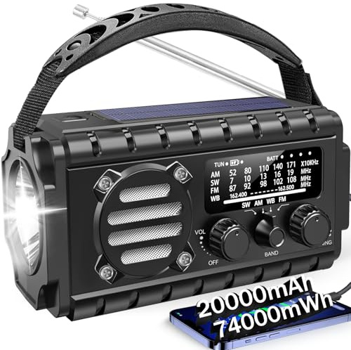 Aivica 20000mah Emergency Radio, SW/NOAA/AM/FM Weather Radio, Solar Powered Hand Crank Chager with Bige Batery Powered,Portable,Cellphone Charge,SOS,Flashlight for Emergency/Home (Black)