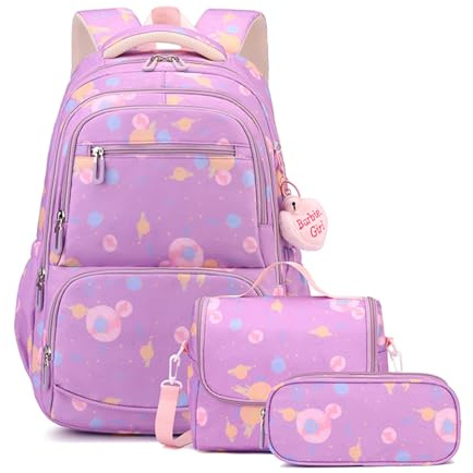 FANDARE 3 IN1 Kinderrucksäcke mit Lunchpaket & Mäppchen Schultasche für Mädchen Junge Juniorrucksäcke Abenteuer-Tornister Schultasche Rucksäcke Kids-Rucksack Kinder-Tragebeutel Schulranzen Violett