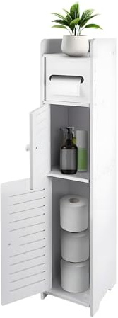 3 Tier Bathroom Storage Cabinet Tall - Slim Freestanding Toilet Roll | Holder Organizer, Shelves Unit for Bathroom Tissue, Toilet Paper, Cleaning Supplies, toilet roll storage White