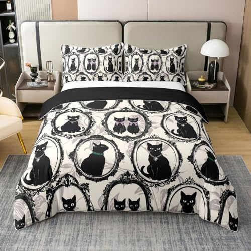 Homemissing Schwarze Katze Silhouetten 100% Baumwolle Bettwäsche Set 135x200cm Ornate Frames Bettbezug für Jungen Mädchen Vintage Muster Betten Botanischer Druck Schlafzimmer Katze Liebhaber Geschenk