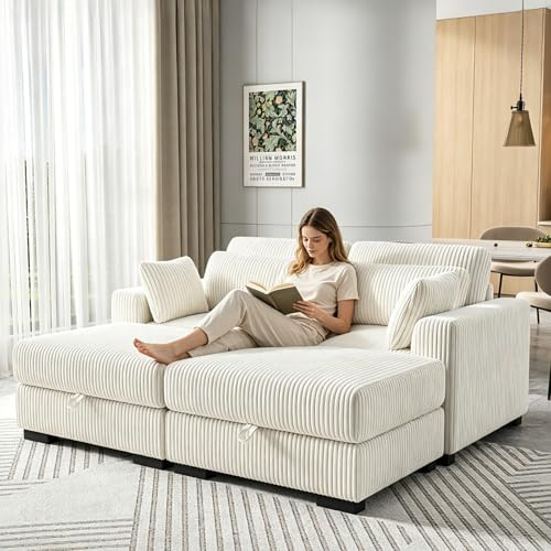 YNYHTER 2-Sitzer-Sofa, gepolstertes Wohnzimmer-Sofa, Chaiselongue, Schlafsofa, Chaiselongue, modulares Boden-L-Form-Sofa aus Samt mit Kissen und Ottomane (Beige, 2 Sitzer + 2 Fußstützen)